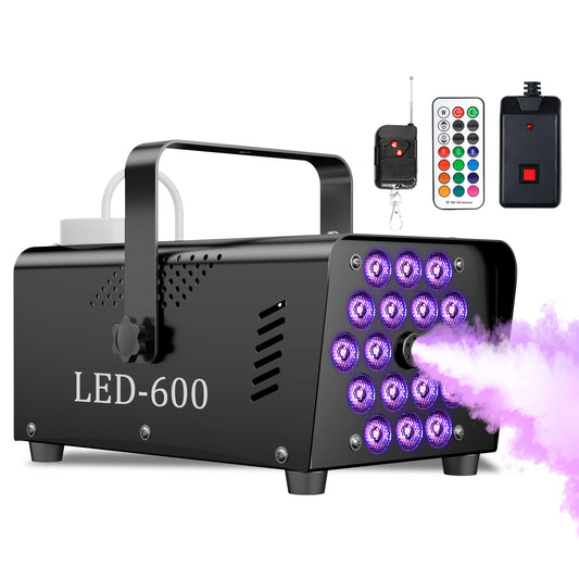 Fog Machine Smoke Machine, 18 LED Lights with 13 Colors, 600W and 2500CFM Fog, Wireless&Wired Remote control, Perfect for Wedding, Halloween, Party and Stage Effect (BLACK)