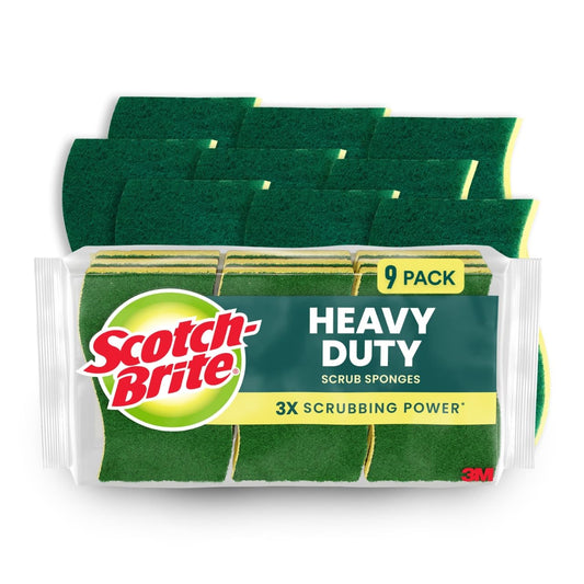 Scotch-Brite Heavy Duty Scrub Sponge, 9 Kitchen Sponges Designed for Tough Messes in the Kitchen that Last 3X Longer*, Best for Cast Iron Skillets and Outdoor Grills, Flexible, Durable, and Strong