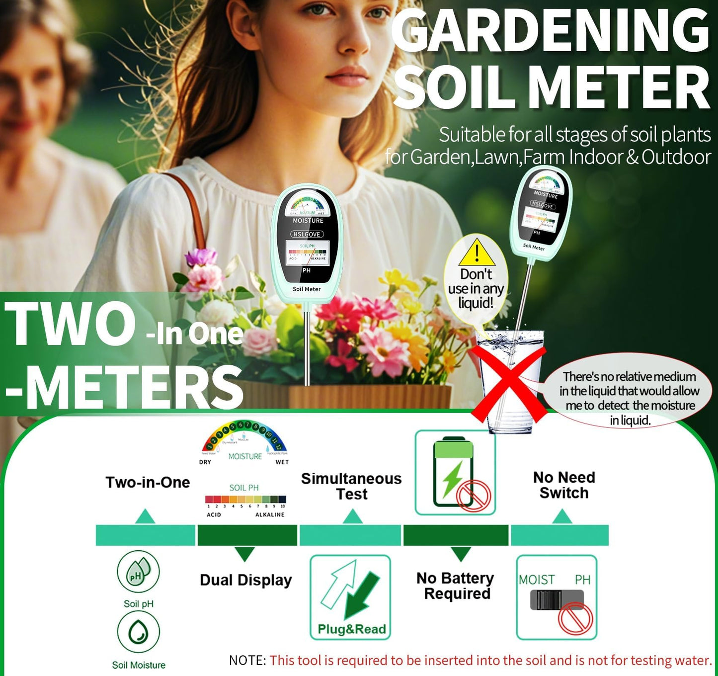 HSLGOVE Soil Test Kit, 2-in-1 Soil Moisture Meter/Soil PH Meter, Dual Screen Soil Tester, Soil Moisture Meter for Plants Watering/Gardening for Lawn,Farm Indoor&Outdoor Use-Bluegreen