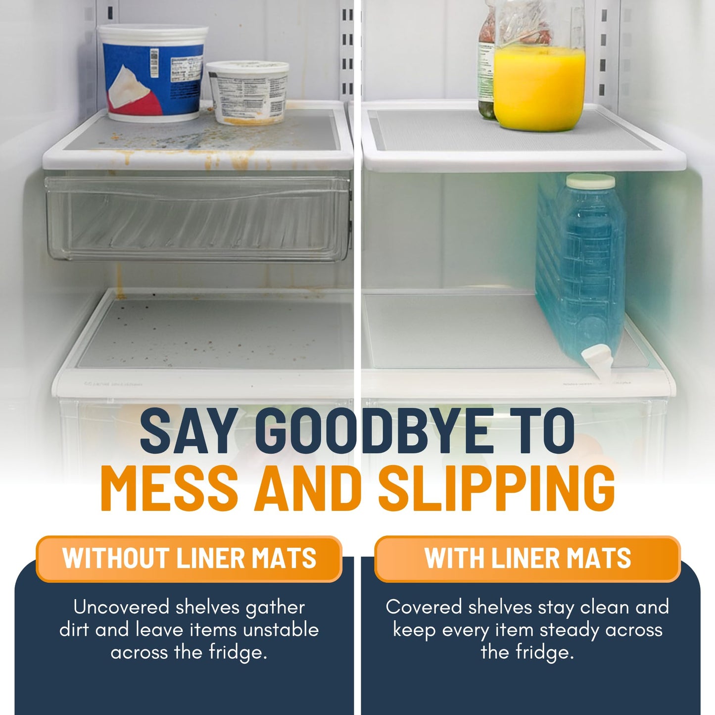 Refrigerator Liners for Shelves (8 Pack) by Linda’s Essentials - Non-Adhesive Drawer and Shelf Liner, BPA-Free Fridge Mats for Kitchen & Cabinets, Easy to Clean, Ideal Household Essentials (Clear)