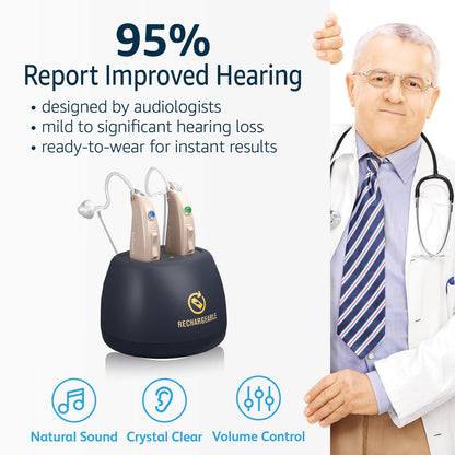 EarCentric EasyCharge Rechargeable Hearing Aids for Seniors Mid-Aged - Mild to Severe High Frequency Hearing Loss Aid OTC Sound Amplifiers - Magnetic Charger, 24x7 Customer Support [Light Beige-Pair]