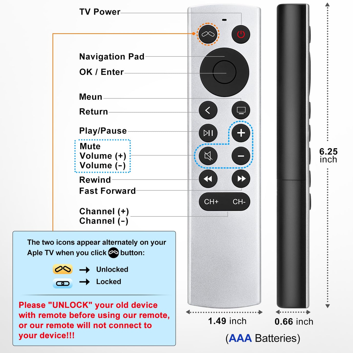 Replacement for Apple-TV-4K-Remote, Remote Control for Apple TV 4K/HD (NOT Siri and Voice)