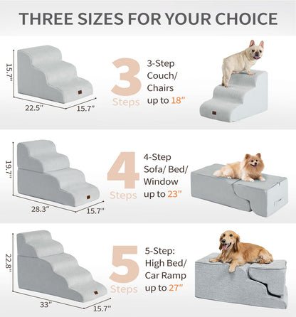 Made4Pets Dog Stairs Ramp for Small Dogs 15.7" H, 3-Step Dog Steps for Bed Couch Sofa and Chair, 35D Foam Pet Steps for Small Dogs and Cats, Non-Slip Bottom Pet Stairs, Light Grey