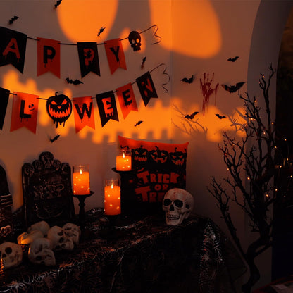 Homemory Halloween Orange Flameless Candles with String Lights, Battery Operated LED Candles with Remote and Timer, Candles for Halloween Decoration, Fall, Harvest Festival