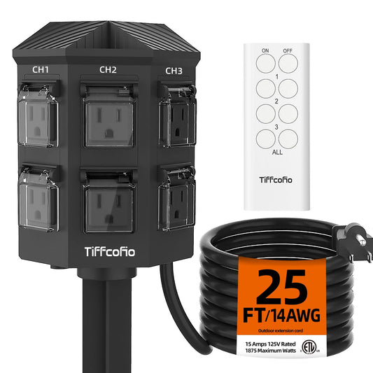 Outdoor Remote Control Power Strip, 25FT Extension Cord Waterproof, Independent Control Outlets, 6 Grounded Outlets for Outdoor Decorations, 14 AWG, 15A/1875W, ETL Listed (25 FT)
