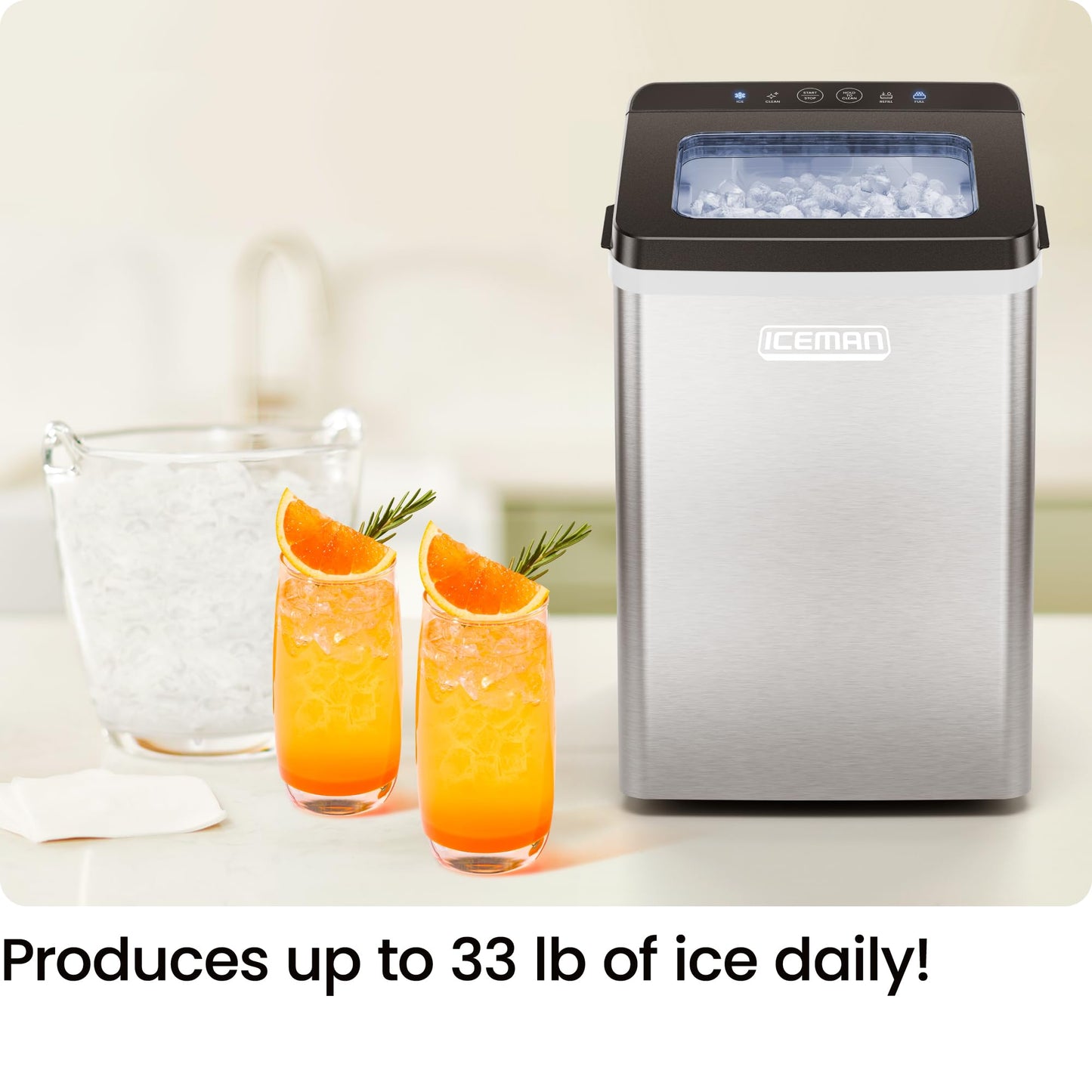 Iceman Pebble Ice Machine, Countertop Nugget Ice Maker Produces Chewable Pellet Ice in 20 Minutes, Makes 33lbs/Day, with One-Touch Cleaning Function and Ice Scoop/Basket Included – Stainless Steel