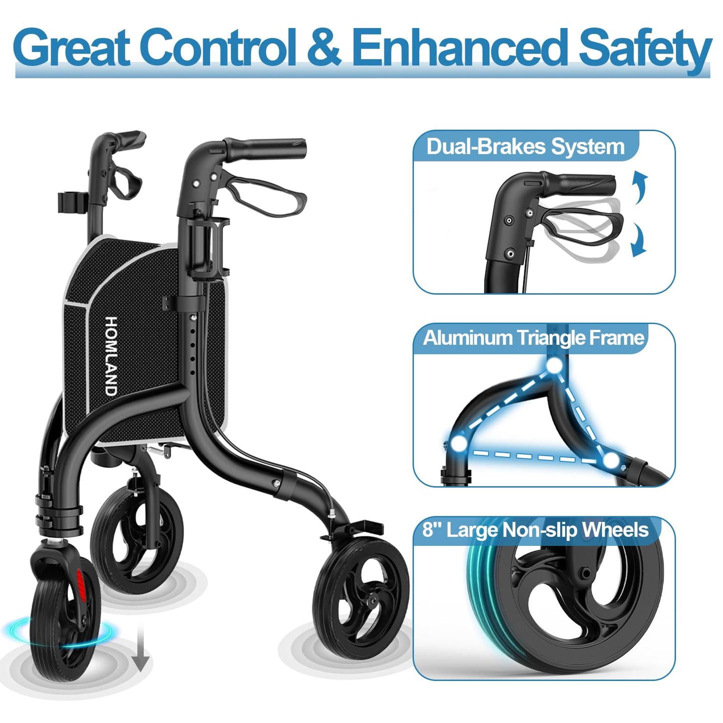 HOMLAND 3 Wheel Walkers for Seniors, FSA/HSA Eligible Foldable Wheeled Rollator with Cane Hold and Cup Hold, Lightweight Three Wheel Rolling Walker Height Adjustable for Seniors
