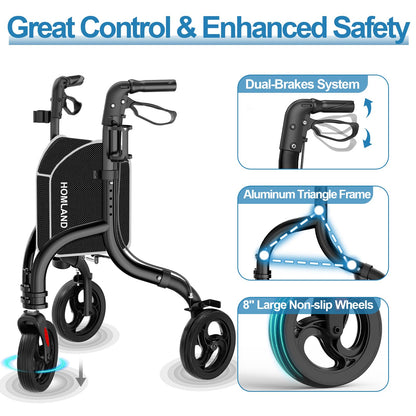 HOMLAND 3 Wheel Walkers for Seniors, FSA/HSA Eligible Foldable Wheeled Rollator with Cane Hold and Cup Hold, Lightweight Three Wheel Rolling Walker Height Adjustable for Seniors