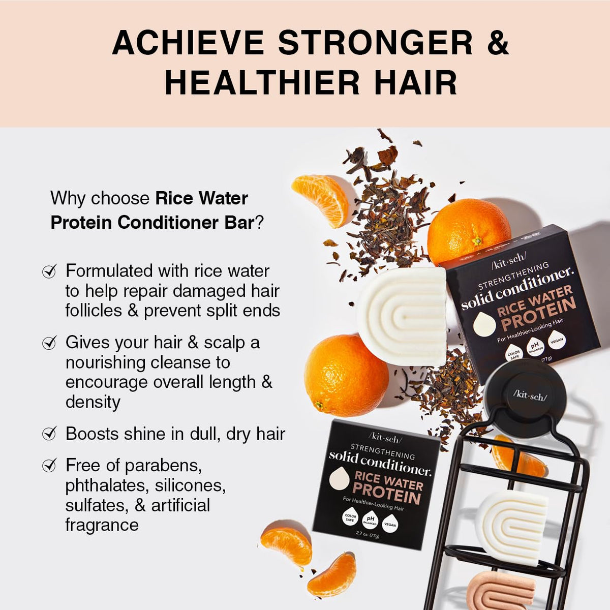 Kitsch Rice Water Shampoo & Conditioner Set - Solid Rice Water Shampoo & Conditioner Bar Soap for Hair Care, Strengthening & Nourishing Soap Bar, Paraben-Free & Sulfate-Free, Made in USA - 2pcs