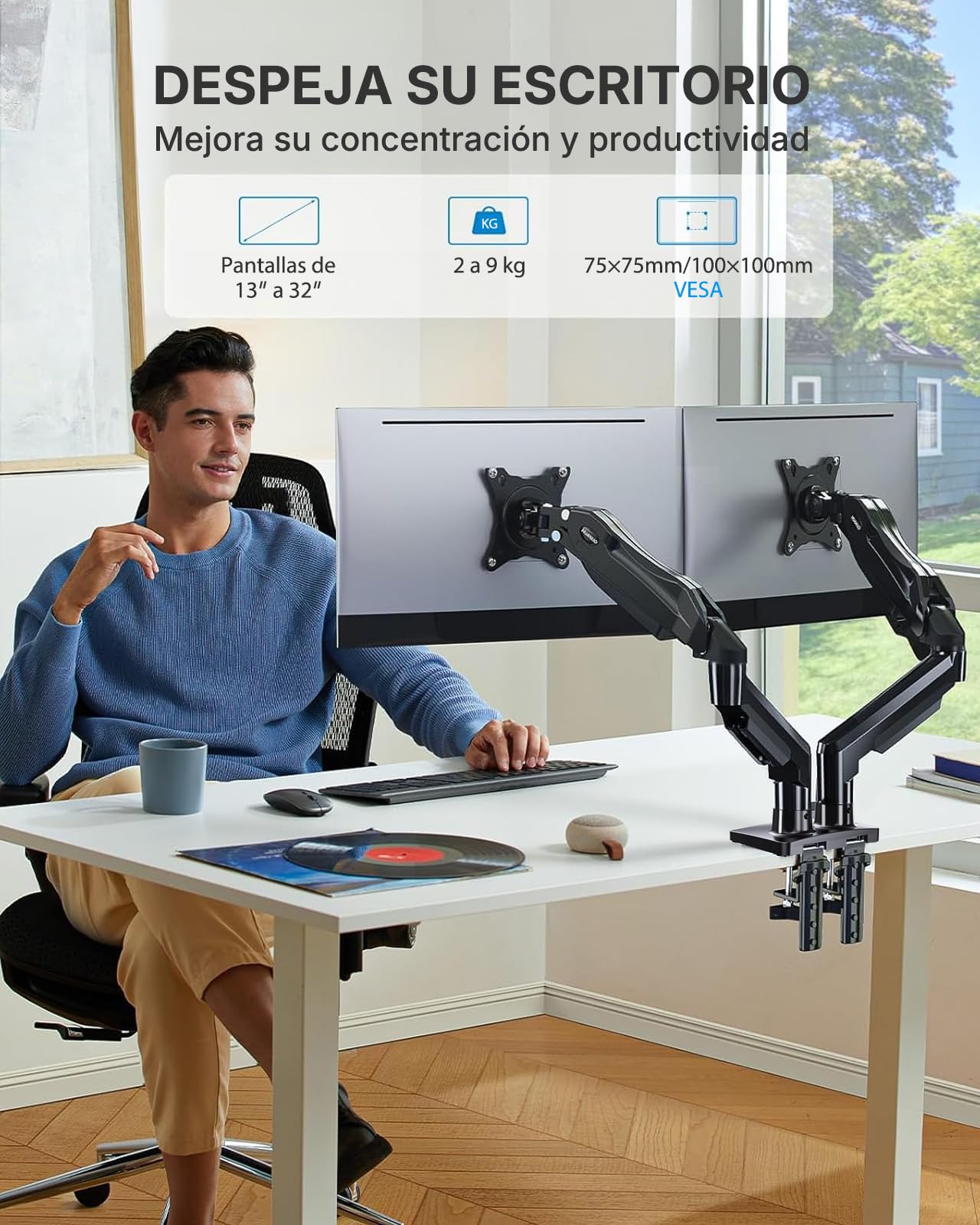 HUANUO Dual Monitor Stand, Fully Adjustable Monitor Desk Mount for 13–32″ Computer Screens, Full Motion VESA 75x75/100x100 with C-Clamp & Grommet Base, Each Arm Holds 4.4 to 19.8 lbs
