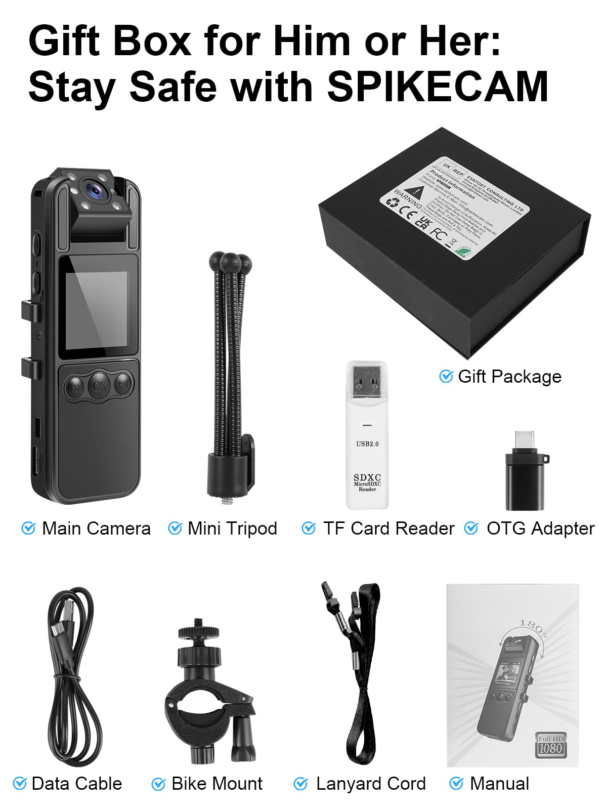 SPIKECAM Computer-Free Body Cameras with Audio and Video Recording, 6 Hrs 1080P Personal Small Bodycam with Photo, Night Vision, SOS Sound, Wearable Body Cam for Security, Running, Biking