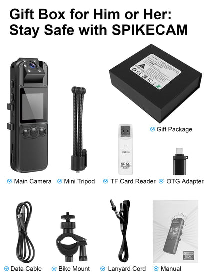 SPIKECAM Computer-Free Body Cameras with Audio and Video Recording, 6 Hrs 1080P Personal Small Bodycam with Photo, Night Vision, SOS Sound, Wearable Body Cam for Security, Running, Biking
