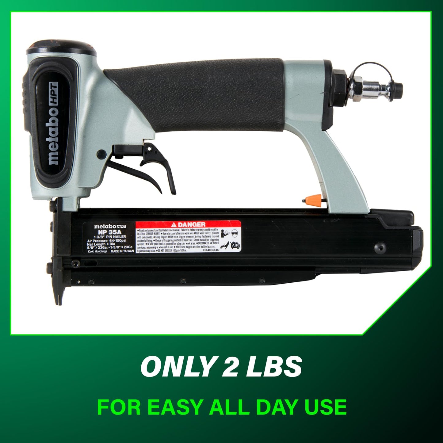 Metabo HPT Pin Nailer, Pro-Preferred Pneumatic Power Nailers for Cabinets, Trim, and Crafting, Makes Invisible Holes, Lightweight 2.0 lbs Tool, 23 Gauge, 5/8" to 1-3/8" Headless Micro Pins, NP35A