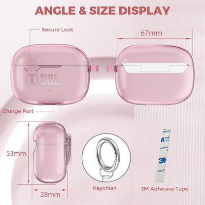 Compatible with JBL Vibe 200TWS/JBL Vibe Beam/Beam 2 Case Cover Clear Lock Clip with Cleaner Kit, Transparent TPU Protective Cover Men Women with Carabiner for JBL Vibe Beam 2 Charging Case - Pink