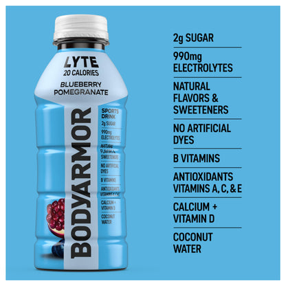 BODYARMOR LYTE Sports Drink Low-Calorie Sports Beverage, Blueberry Pomegranate, Coconut Water Hydration, Natural Flavors With Vitamins, Potassium-Packed Electrolytes, Perfect For Athletes, 16 Fl Oz (Pack of 12)