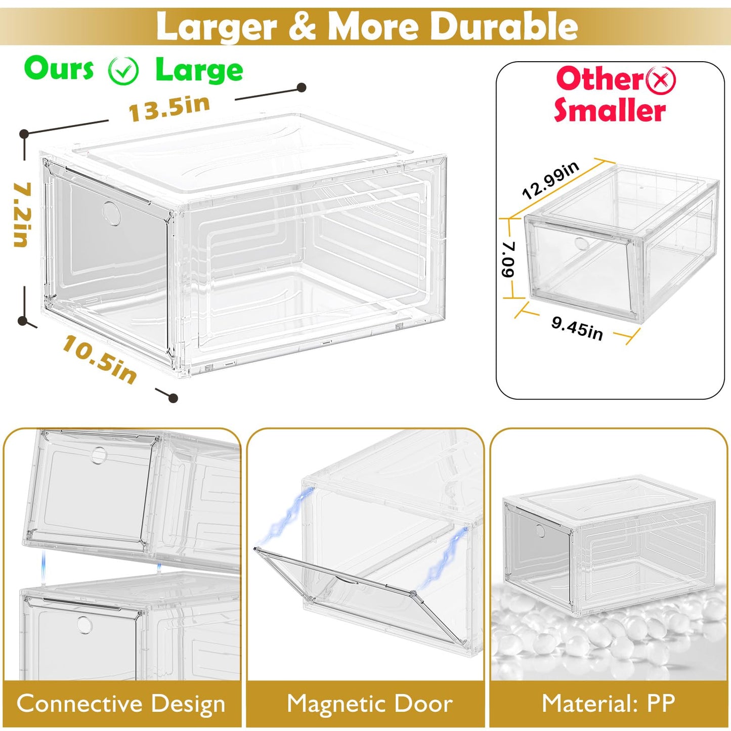 Thicken & Sturdy Clear Shoe Storage Organizer with Magnetic Door, Stackable Boxes for Closet, Foldable Space-Saving Shoe Rack for Sneaker Boot Container, Plastic Shoe Cabinet Shoe Box 6 Pack, White