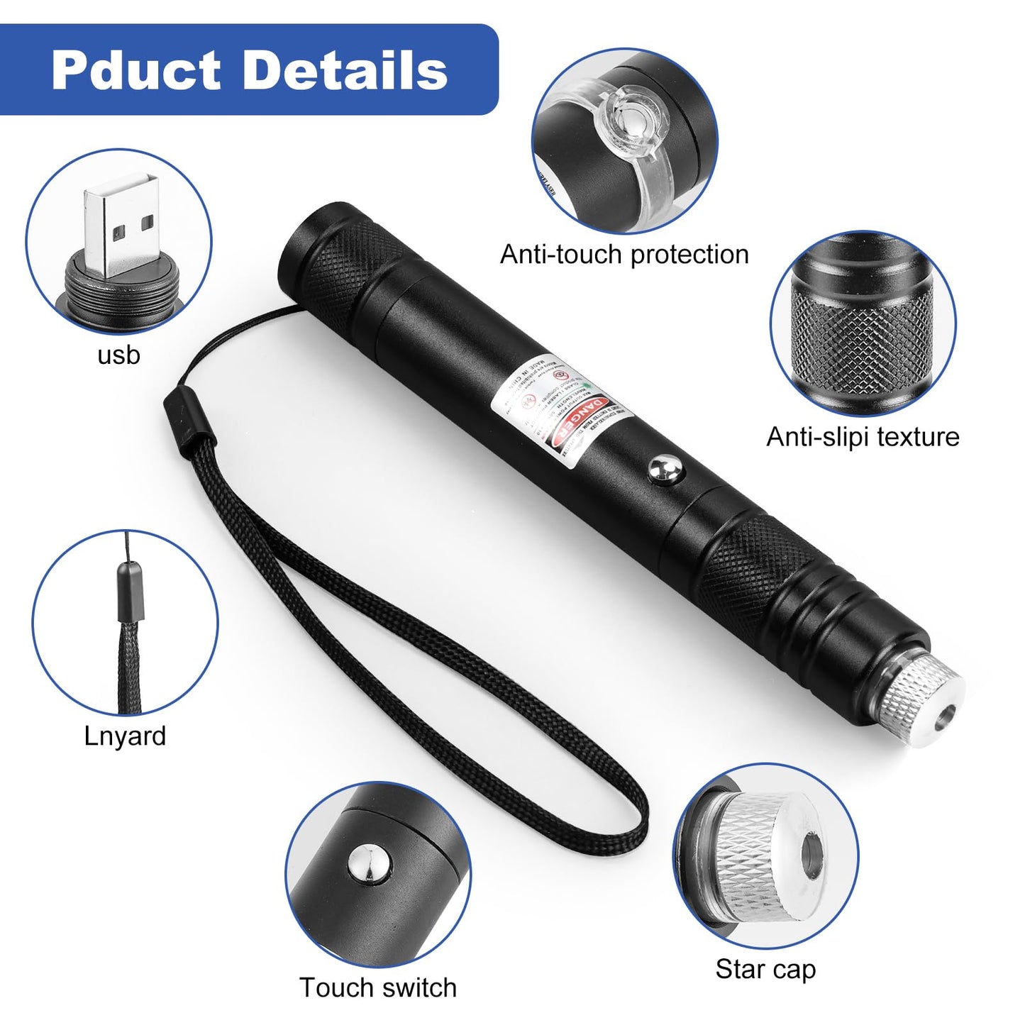 Damflew Green Laser Pointer High Power Pen - Long Range Rechargeable Laser Beam, USB Charging for Hiking, Presentations & Outdoor Use (Professional-Grade Green Light)