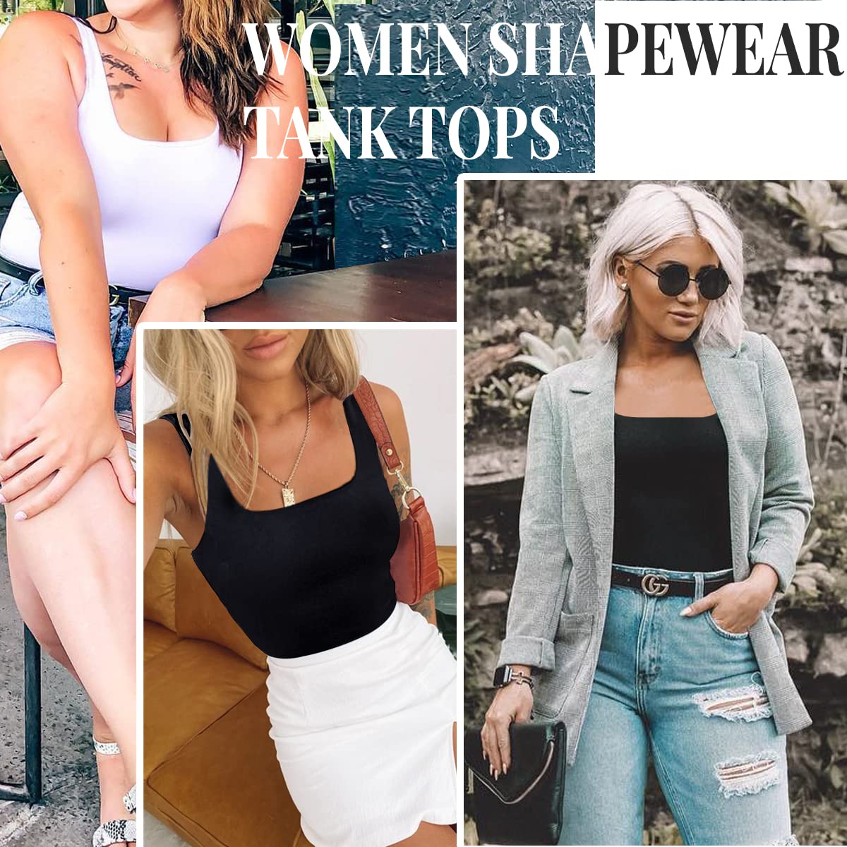 EUYZOU Women's 3PK Tummy Control Shapewear Tank Tops Seamless Square Neck Compression Tops Slimming Body Shaper Camisole-Black XL