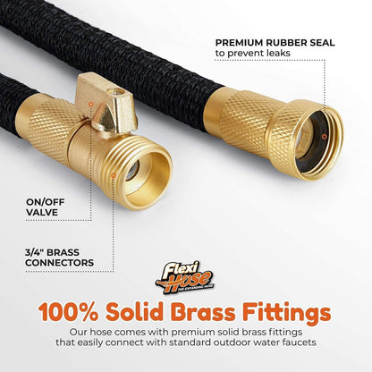 Flexi Hose Expandable Garden Hose with 8 Function Nozzle, 100FT - Lightweight Retractable Garden Hose, Water Hose - No-Kink Flexibility, 3/4 Inch Solid Brass Fittings and Double Latex Core