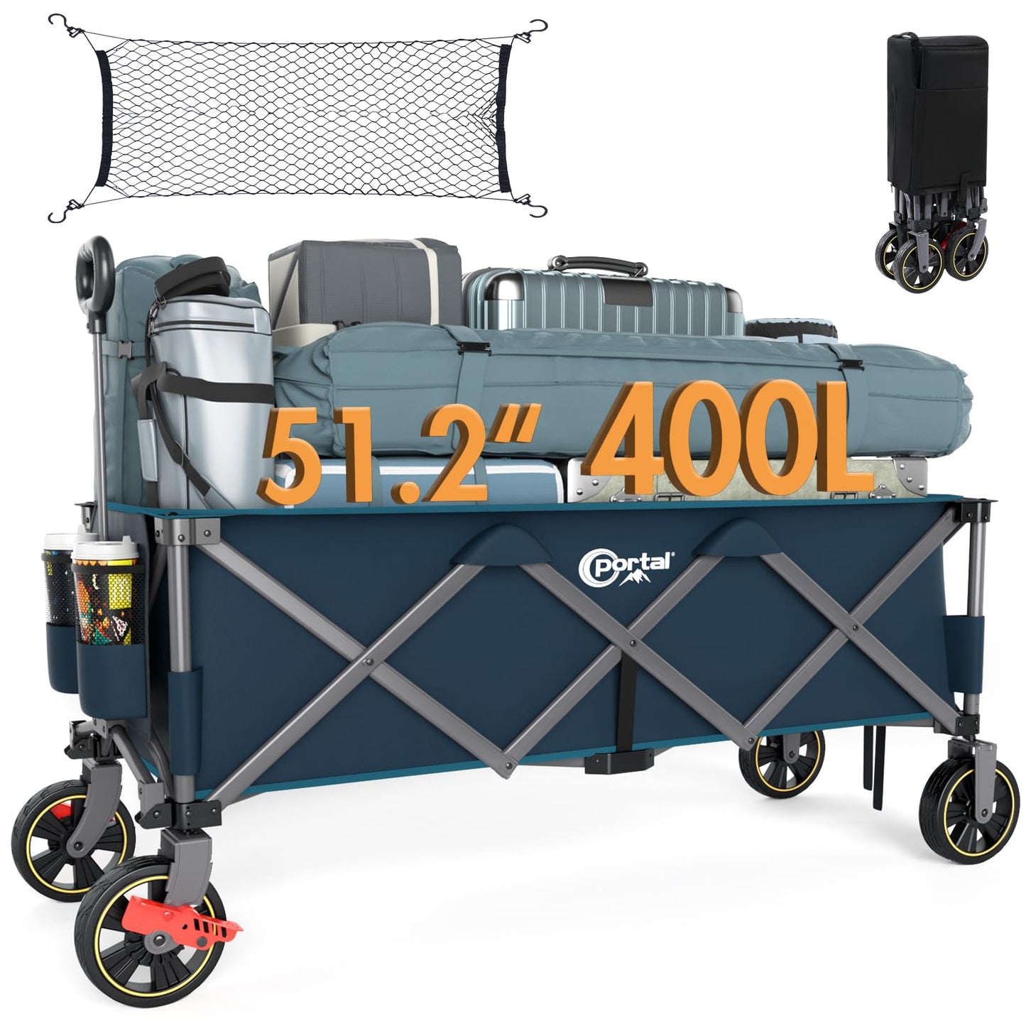 PORTAL 51.2" Long Wagons Carts Foldable, 400L Large Collapsible Wagon with Wheels, 350 LBs Folding Wagon for Sports, Camping, Grocery