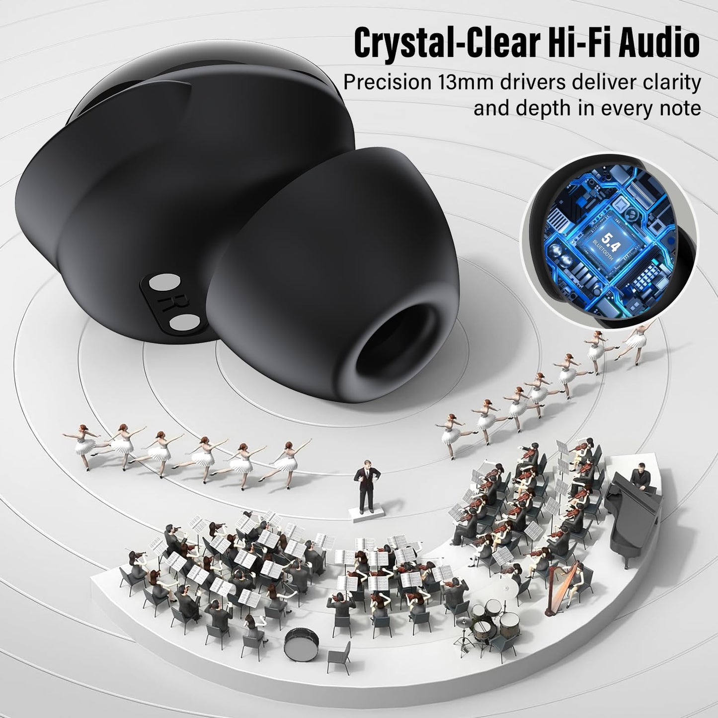 VEKJ Sleep Earbuds, Bluetooth 5.4 in Ear Smart Touch Screen Earbuds, 48H Mini Sleep Headphones Small Design for Side Sleepers, Crystal-Clear Calls Ear Buds, 5 EQ Modes, IPX7 Waterproof Earphones Black