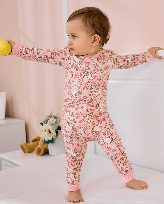 babee Reshinee Bamboo Viscose Toddler Girls Kids Pajama Sets 2-3T Snug fit Long-Sleeve Softness Sleepwear Pjs 2pcs Jammies Floral Bunny
