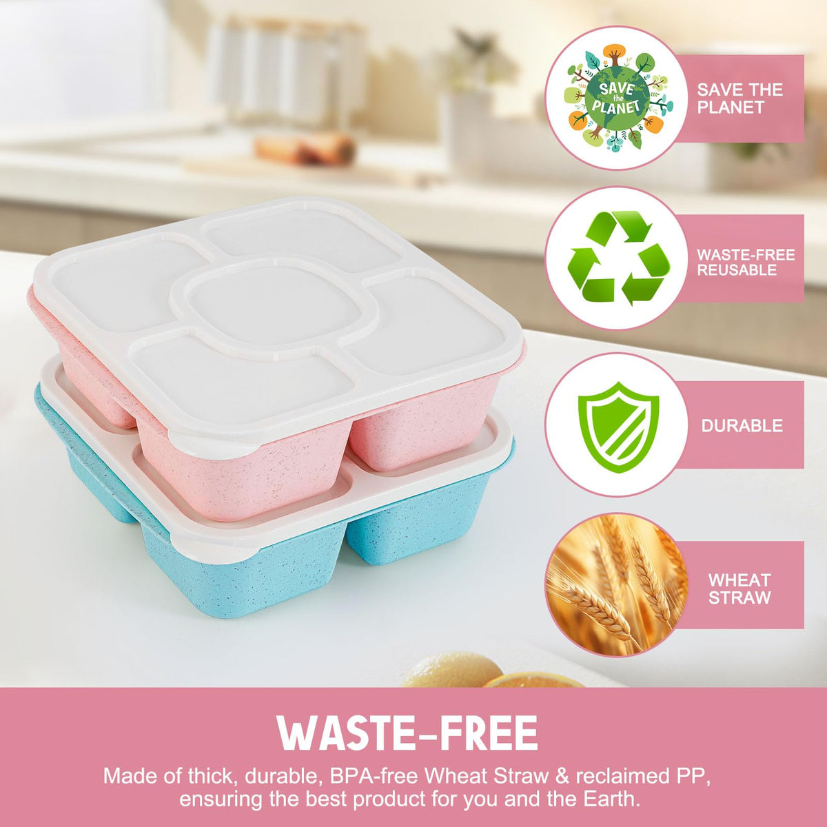 Original Lunchable Snack Containers - 5 Compartments Bento Snack Boxes with 1 Leakproof Small Containers, Wheat Straw, BPA-Free, Set of 2 (Green+Yellow)