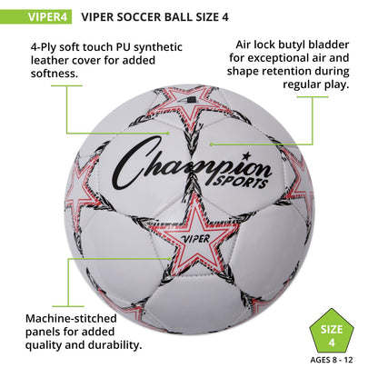 Champion Sports Viper Soccer Ball, Size 4 – Soft Touch TPU Cover, Airlock Bladder – Ages 8-12 – Red/Black/White