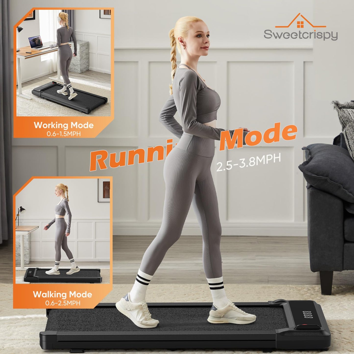 Sweetcrispy Compact Armless Treadmill for Small Spaces, Quiet Under-Desk Walking Pad, Slim & Portable Design for Home Office Workouts, Ideal for Apartments and Work-from-Home Fitness, Bright Black