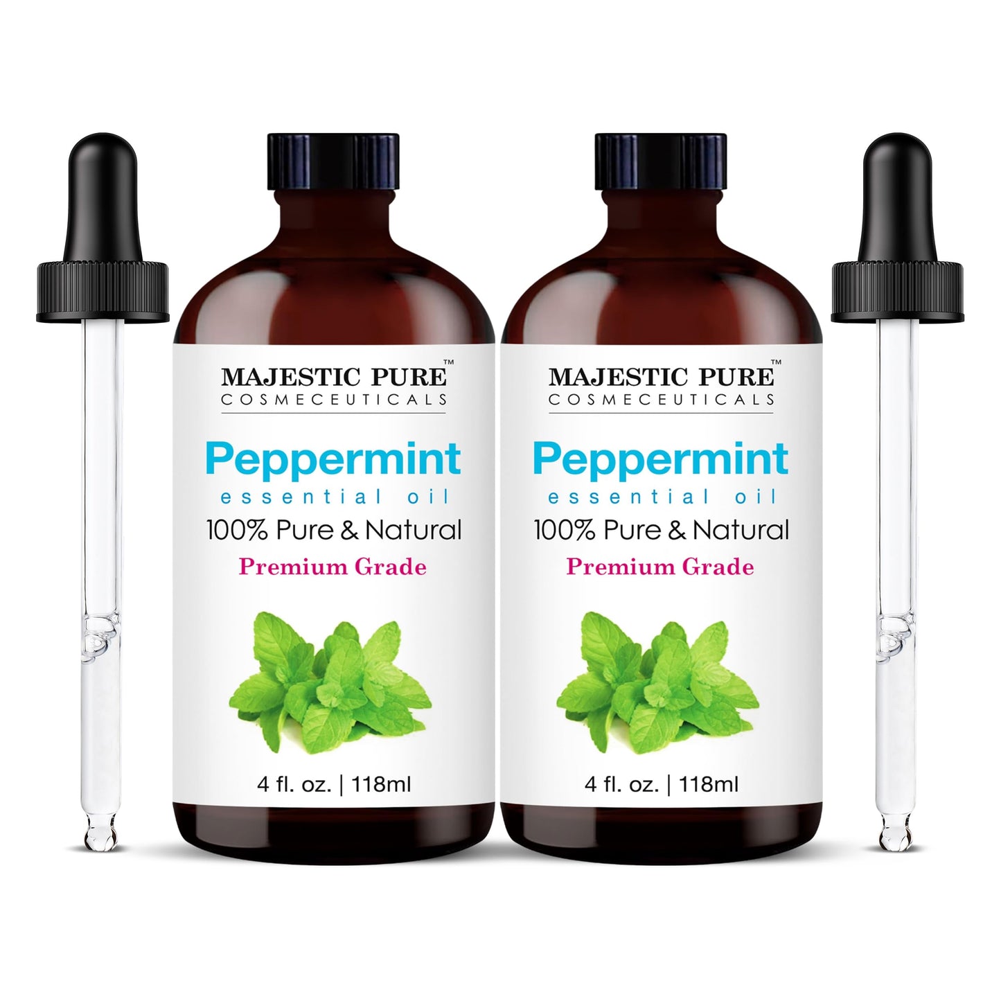 Majestic Pure Peppermint Essential Oil | 100% Pure and Natural Peppermint Oil | Premium Grade Essential Oils for Hair Care, Home Diffusers, Aromatherapy, Massage and Humidifiers | 4 Fl Oz (Pack of 2)