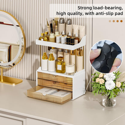 StorBin 3 Large Drawers Makeup Organizer - 5 Tier Bathroom Counter Organizers and Storage, Versatile Perfume Vanity Organizer, Ideal for Cosmetic, Large Skincare, Face Mask, Office Supplies, Amber