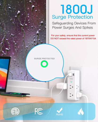 Surge Protector Outlet Extender with Rotating Plug, One Beat 6 AC Multi Plug Outlet with 3 USB Ports (1 USB C), 1800J Wall Charger, 3-Sided Power Strip Spaced Outlet Splitter for Home Office Travel