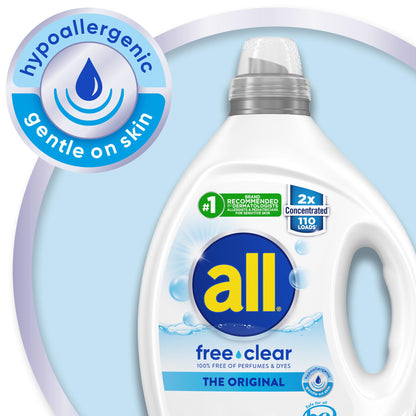 all free clear, Original, Liquid Laundry Detergent for Sensitive Skin, Unscented and Hypoallergenic, Concentrated, 82.5oz, 110 Loads