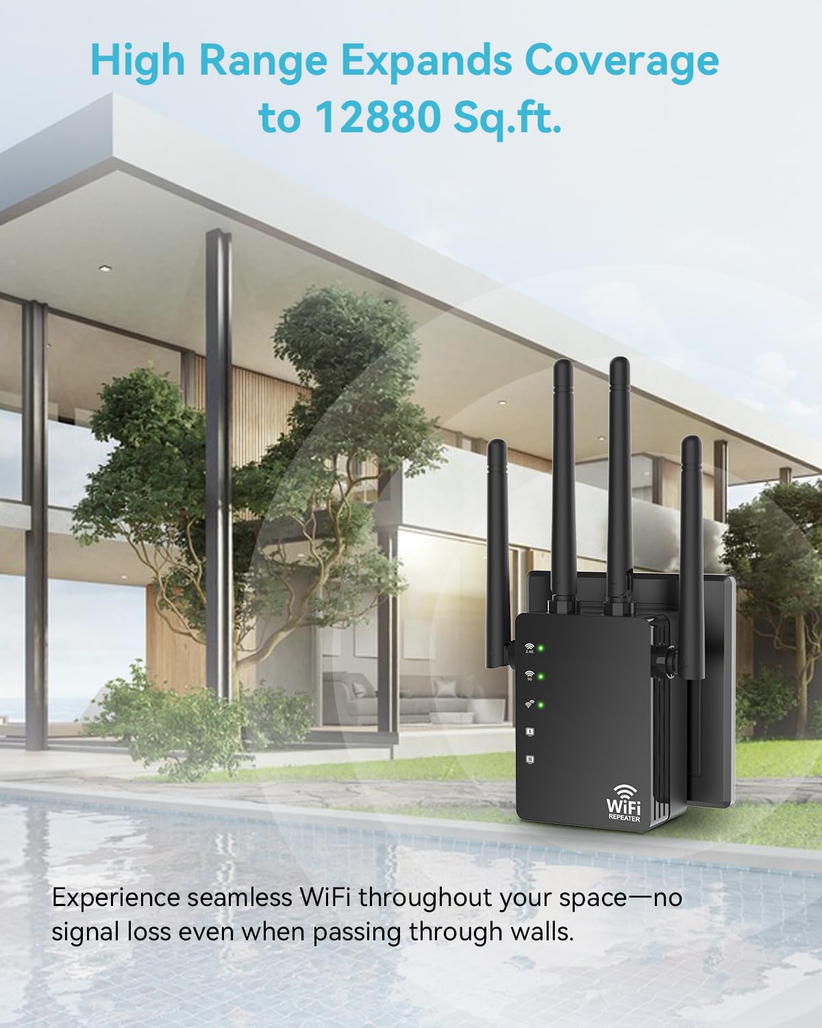 WiFi Extender Signal Booster Covers 12880 Sq.ft, WiFi Extender for Home and Outdoor, Compatible with 105 Devices, Dual Band 5GHz/2.4GHz, WiFi Repeater Range Extender