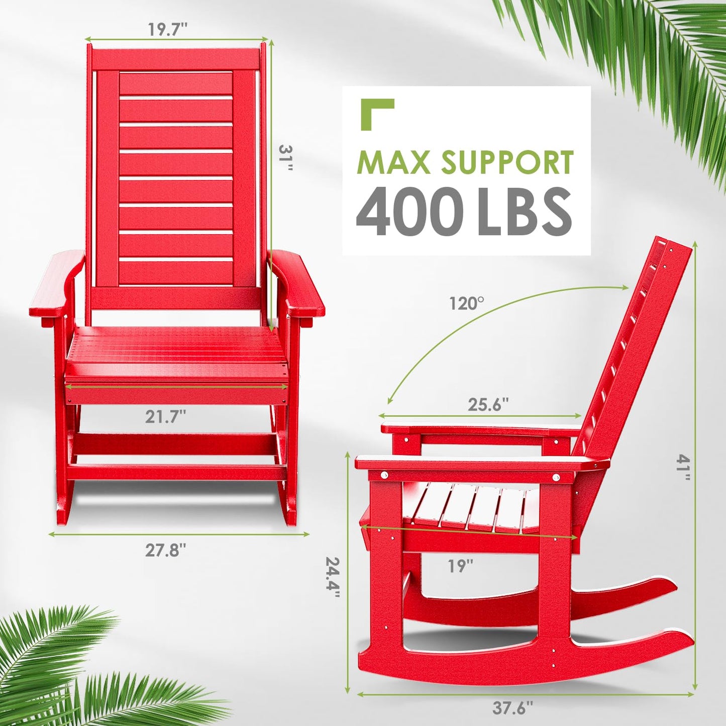GREENVINES Outdoor Rocking Chairs | Set of 2 | Porch Rocker | HDPE Plastic | Red | Oversized Rockers | High Back | Big & Tall | Ladder Back | for Patio Outside Backyard Balcony