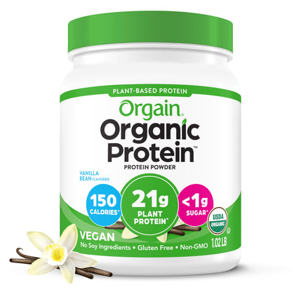 Orgain Organic Vegan Protein Powder, Vanilla Bean - 21g Plant Based Protein, 4g Prebiotic Fiber, No Lactose Ingredients, No Added Sugar, Non-GMO, For Shakes & Smoothies, 1.02 lb (Packaging May Vary)
