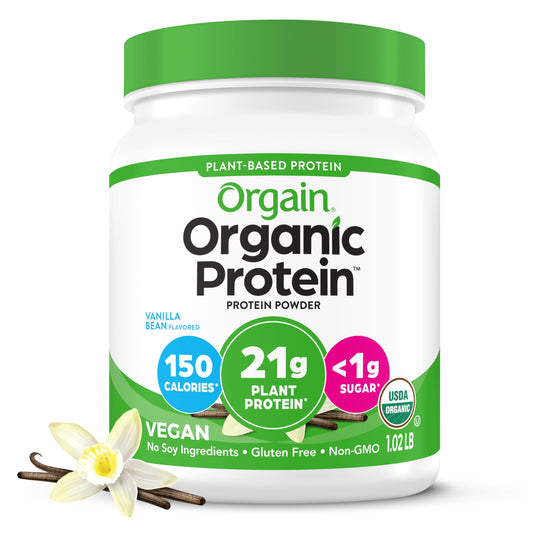 Orgain Organic Vegan Protein Powder, Vanilla Bean - 21g Plant Based Protein, 4g Prebiotic Fiber, No Lactose Ingredients, No Added Sugar, Non-GMO, For Shakes & Smoothies, 1.02 lb (Packaging May Vary)