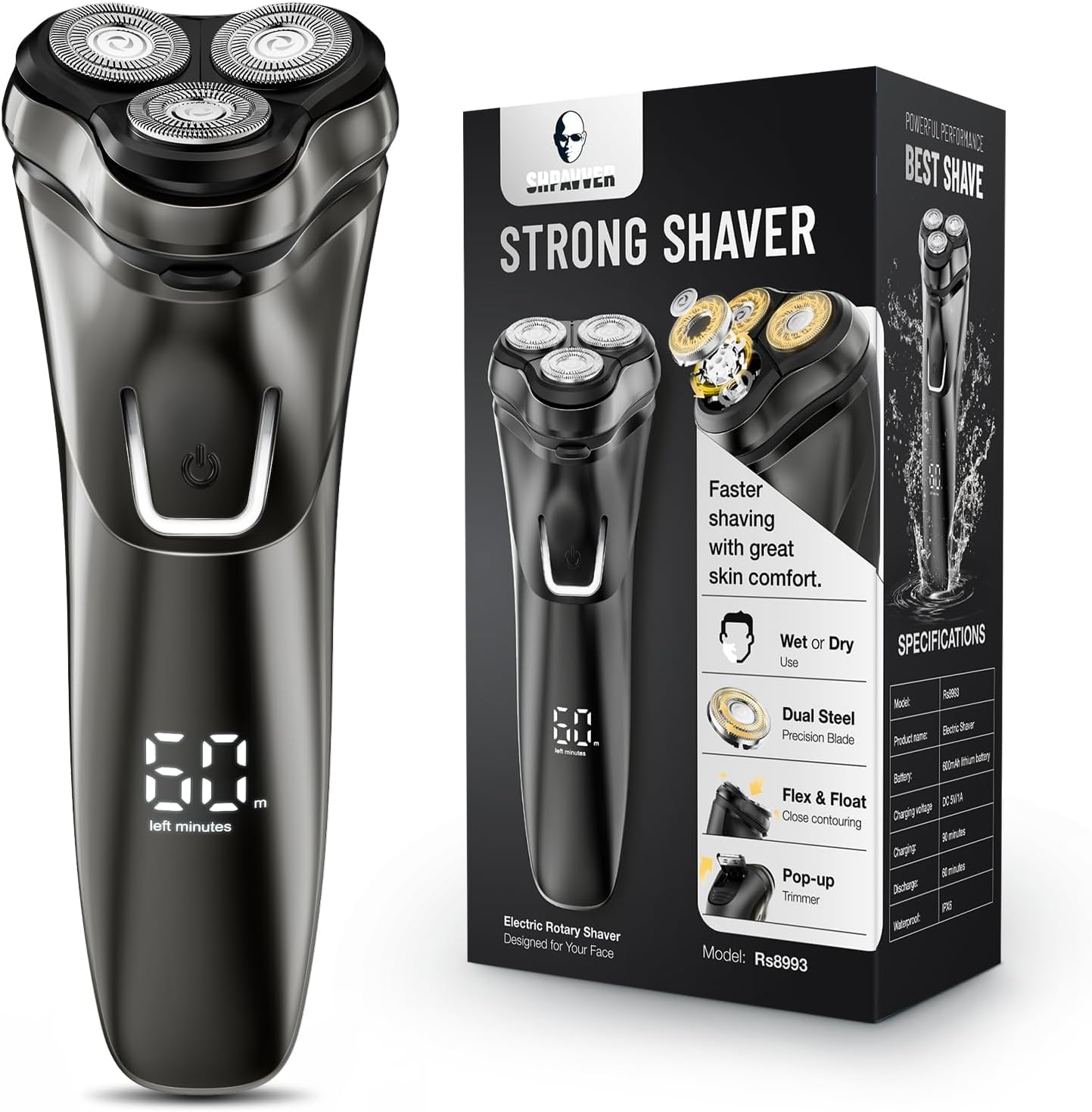 Electric Razor for Men Cordless: Wet/Dry Rotary Shaver Waterproof - USB Fast Charging & Sensitive Skin Care - Pop up Trimmer & Precision Blades Chic Black Upgraded