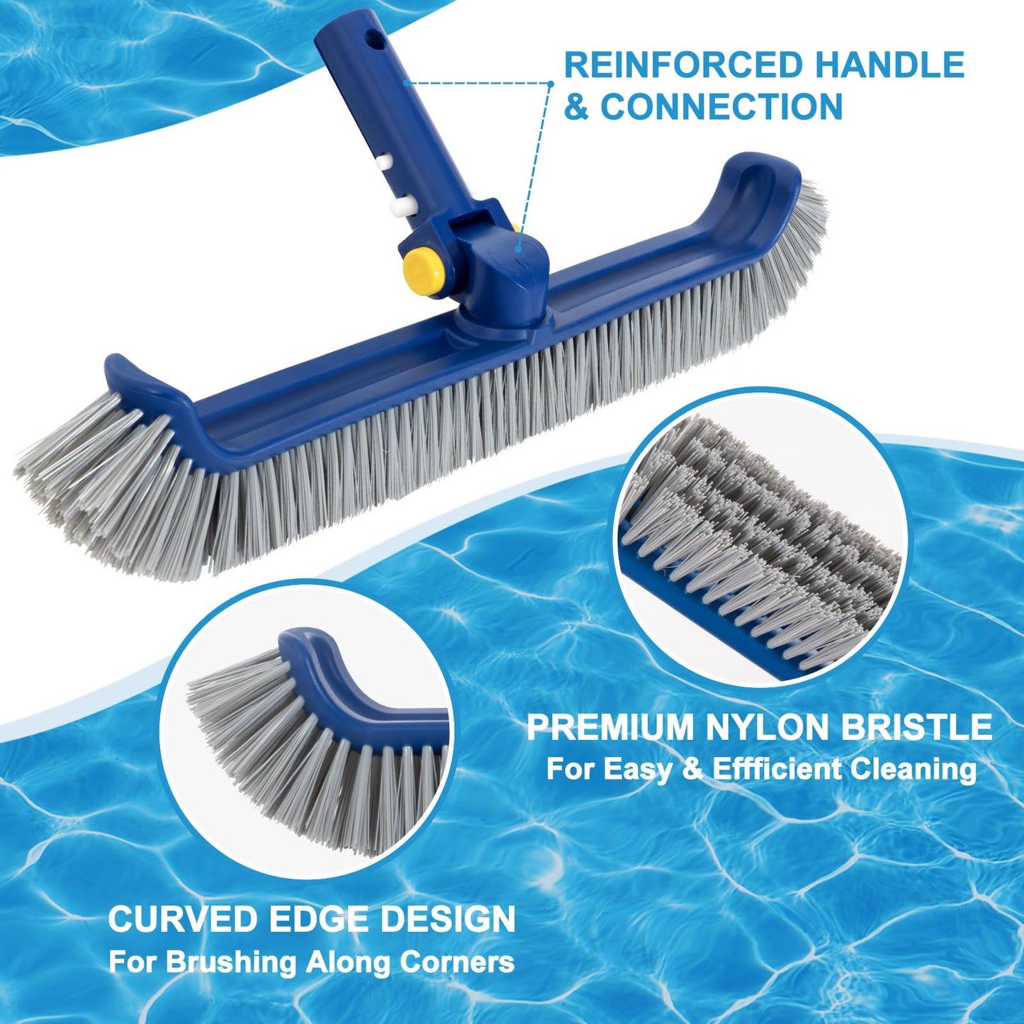 POOLAZA Pool Brush with Rotatable Handle,17.5" Pool Brush Head for Inground Pools, Above-Ground & Vinyl Pools, Heavy-duty Pool Brushes for Cleaning Pool Walls, Sturdy Pool Brush Fit Standard Pool Pole