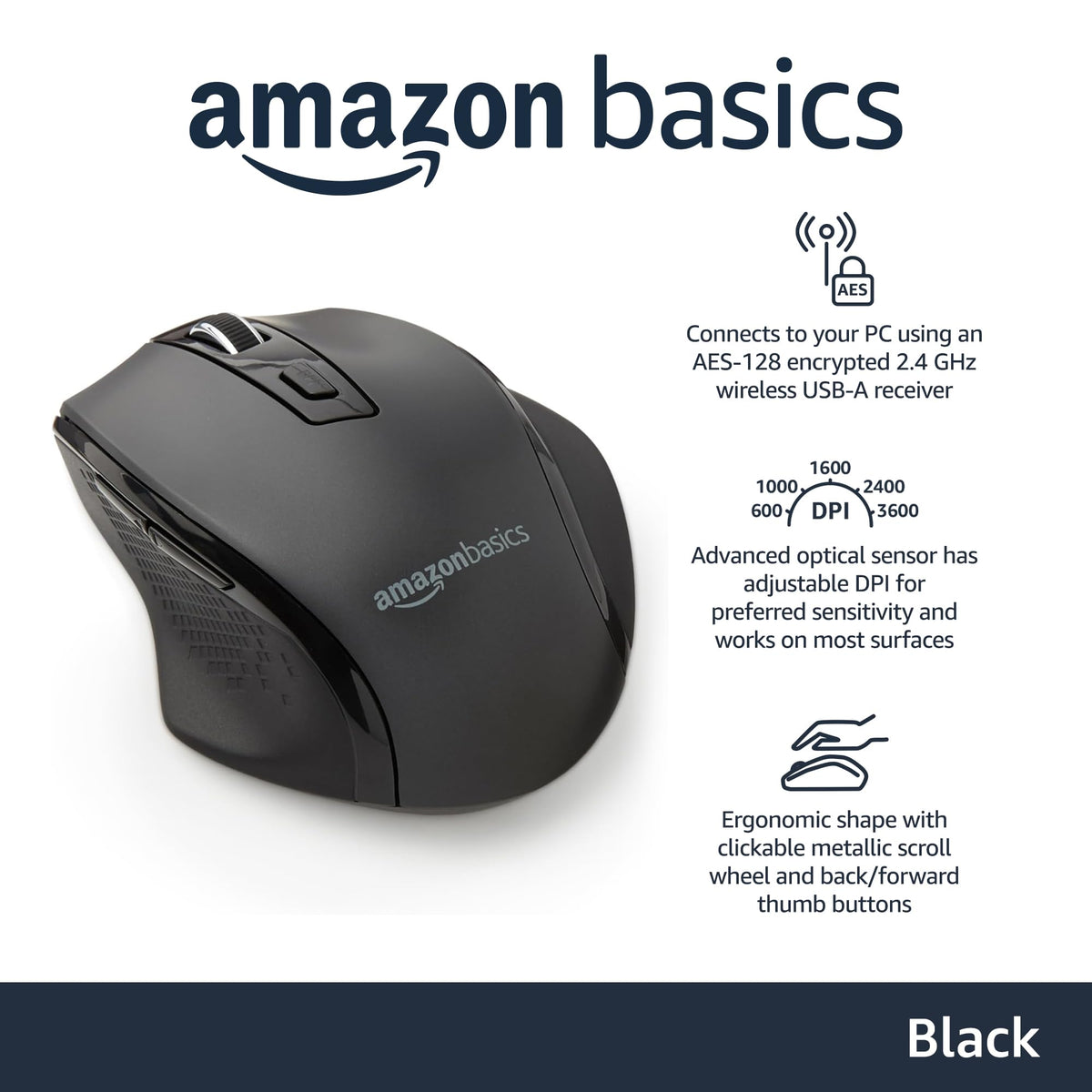 Amazon Basics Computer Mouse Wireless, Ergonomic, 2.4 GHz Optical, DPI Adjustable, Compatible With PC, Mac, Laptop, Black