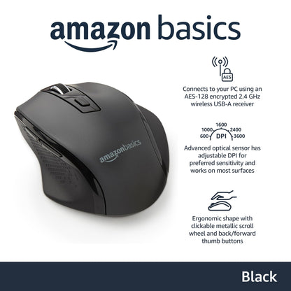 Amazon Basics Computer Mouse Wireless, Ergonomic, 2.4 GHz Optical, DPI Adjustable, Compatible With PC, Mac, Laptop, Black