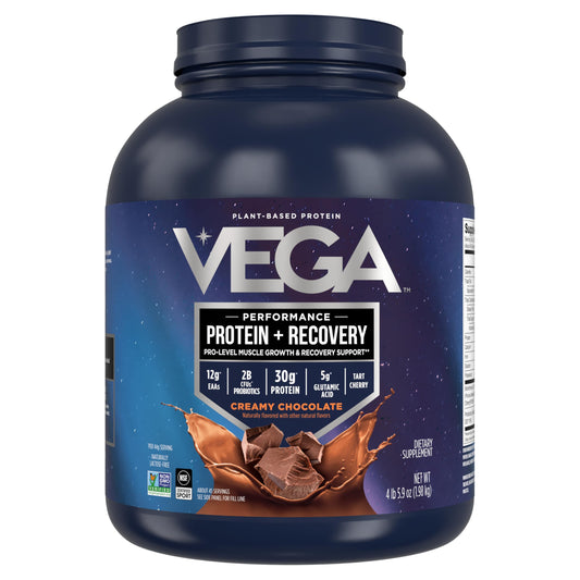 Vega Sport Vegan Protein Powder + Recovery - 30g Plant Based Protein per Serving, Chocolate, 45 Servings, 5g BCAAs, Probiotics, NSF Certified, for Shakes & Smoothies, 4.4lbs (Packaging May Vary)