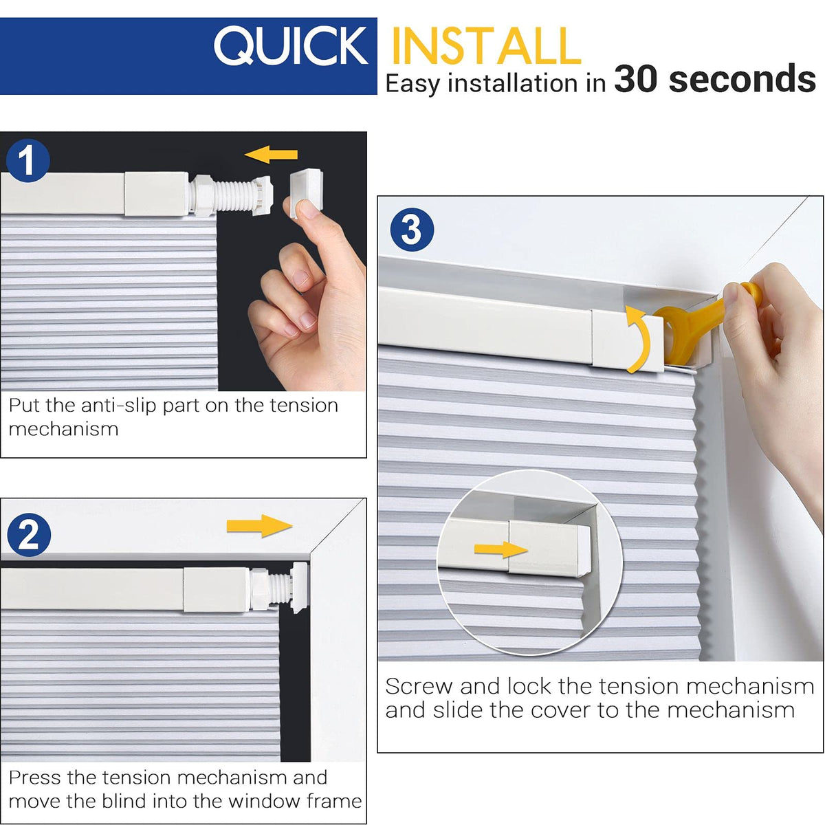 LazBlinds Cordless Cellular Shades, No Tools No Drill Blackout Honeycomb Shades Pleated Blinds for Windows, 34" W x 64" H, Silver White