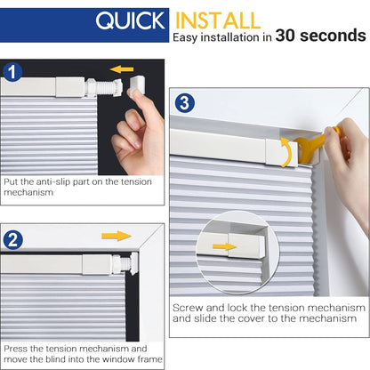 LazBlinds Cordless Cellular Shades, No Tools No Drill Blackout Honeycomb Shades Pleated Blinds for Windows, 34" W x 64" H, Silver White