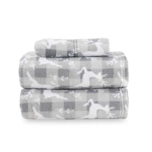 Berkshire Blanket Ultra-Soft Printed Microfleece Knit Sheet Set – 3-Piece Twin Set – Lightweight, Breathable, All-Season Comfort, Folk Buffalo Check Reindeer Grey