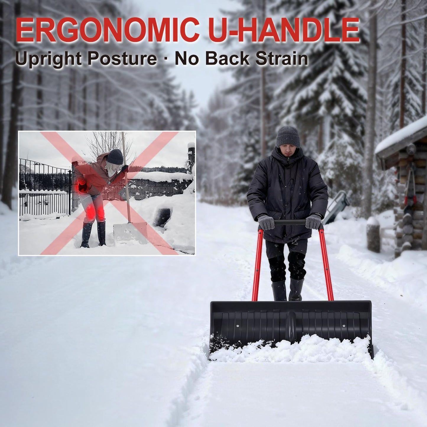 30” Snow Shovel, Heavy-Duty Snow Pusher & Snow Plow, Ergonomic Handle, Lightweight Wide Blade for Fast Snow Removal, Back Saver Winter Tool for Driveway, Sidewalk, Patio, Deck