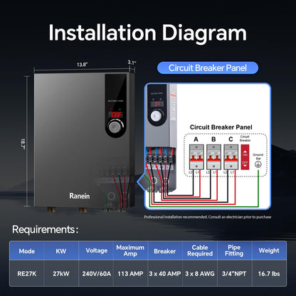 Ranein Electric Tankless Water Heater, 27kW 240V on Demand Instant Endless Water Heater with LED Temperature Display for Residential Whole House Shower, Space Saving