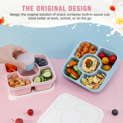 Original Lunchable Snack Containers - 5 Compartments Bento Snack Boxes with 1 Leakproof Small Containers, Wheat Straw, BPA-Free, Set of 2 (Green+Yellow)