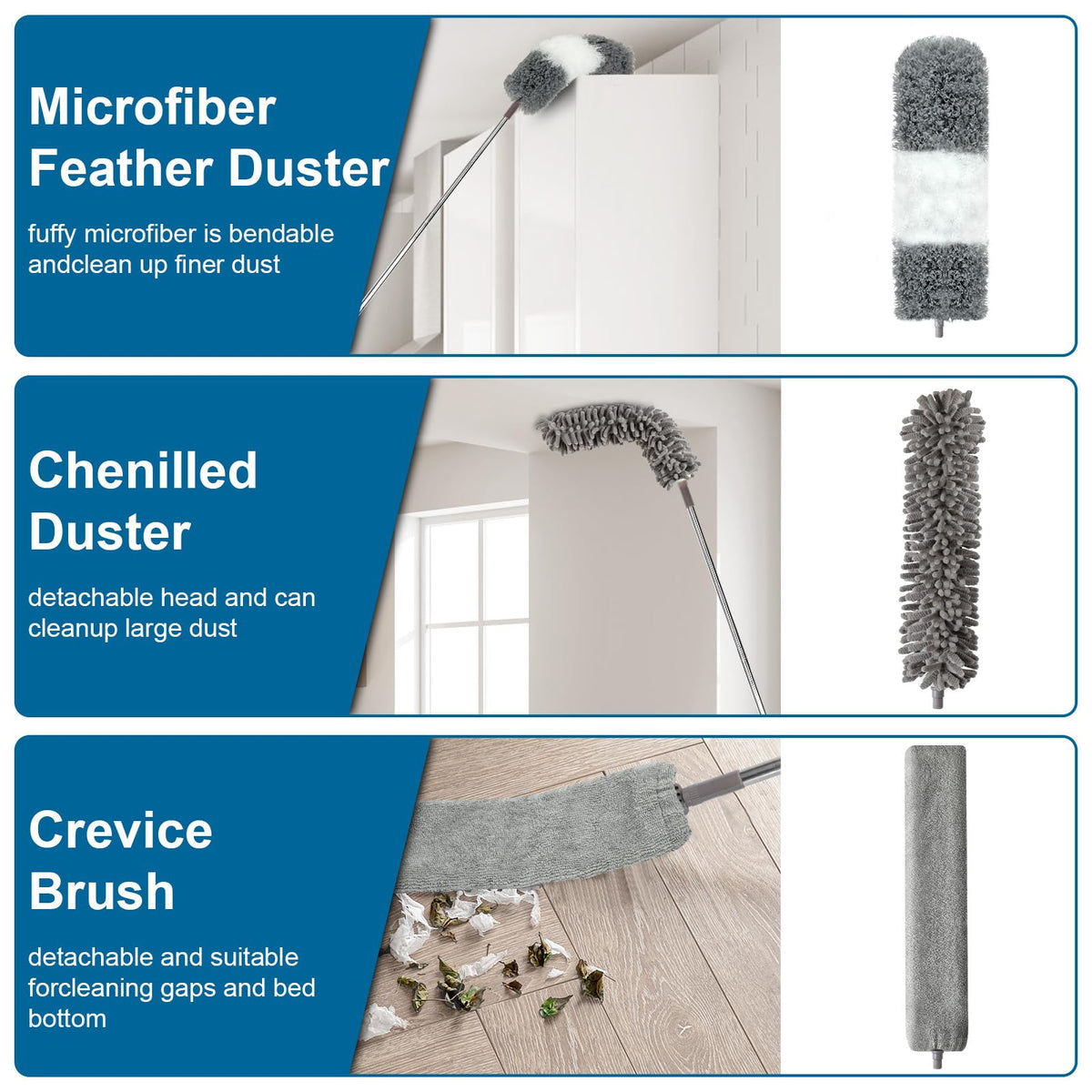 Microfiber Duster, 4PCS with Extension Pole(Stainless Steel) 30 to 100 Inches, Reusable Bendable Dusters, Washable Lightweight Dusters for Cleaning Ceiling Fan, High Ceiling, Blinds, Furniture, Cars