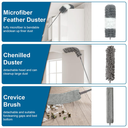 Microfiber Duster, 4PCS with Extension Pole(Stainless Steel) 30 to 100 Inches, Reusable Bendable Dusters, Washable Lightweight Dusters for Cleaning Ceiling Fan, High Ceiling, Blinds, Furniture, Cars